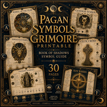 Pagan Symbols Grimoire pages with gold foil details, black background, and intricate illustrations of sacred occult icons.
