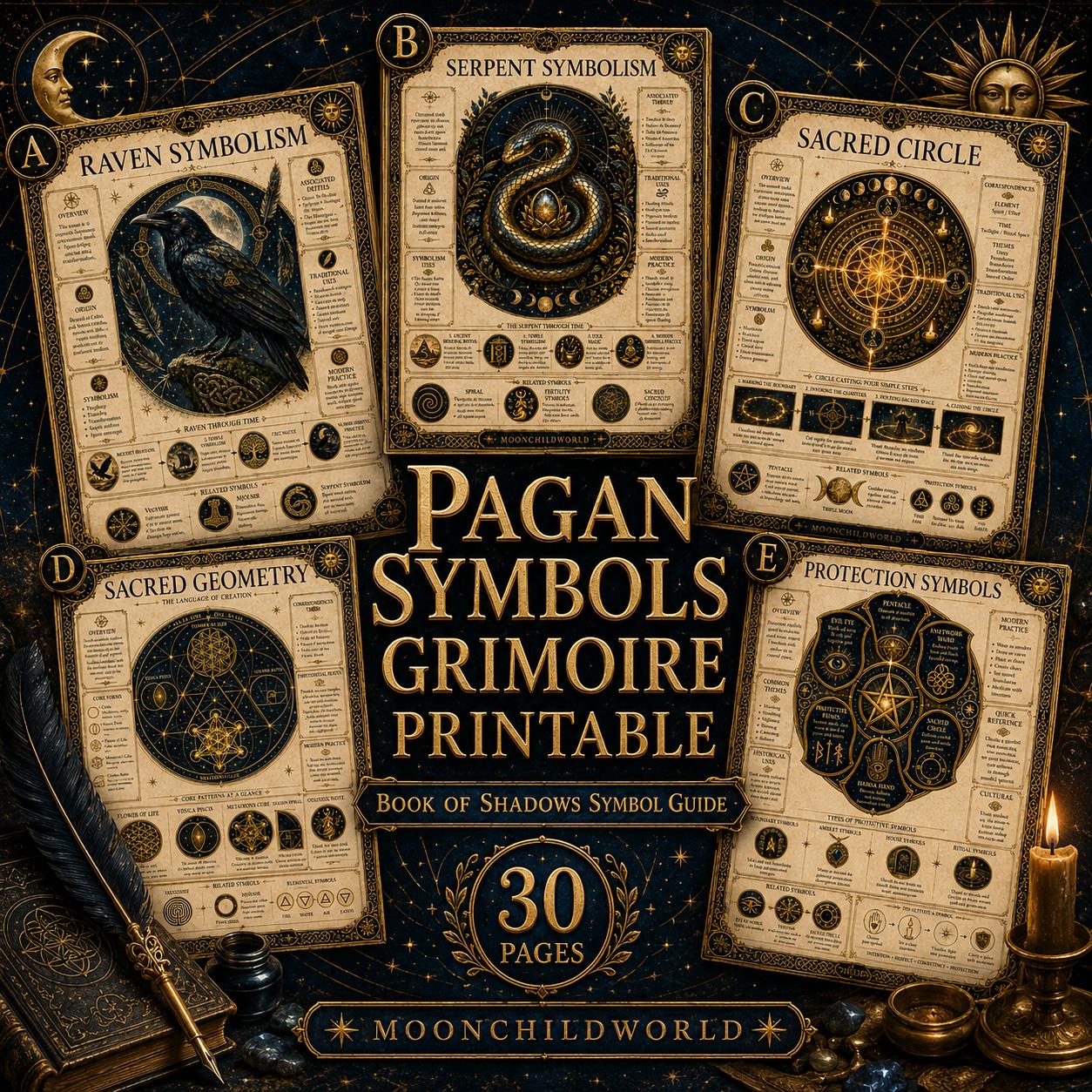 Pagan symbols grimoire pages with gold occult illustrations on dark parchment, featuring a quill and candle on a desk.