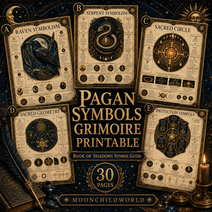 Pagan symbols grimoire pages with gold occult illustrations on dark parchment, featuring a quill and candle on a desk.