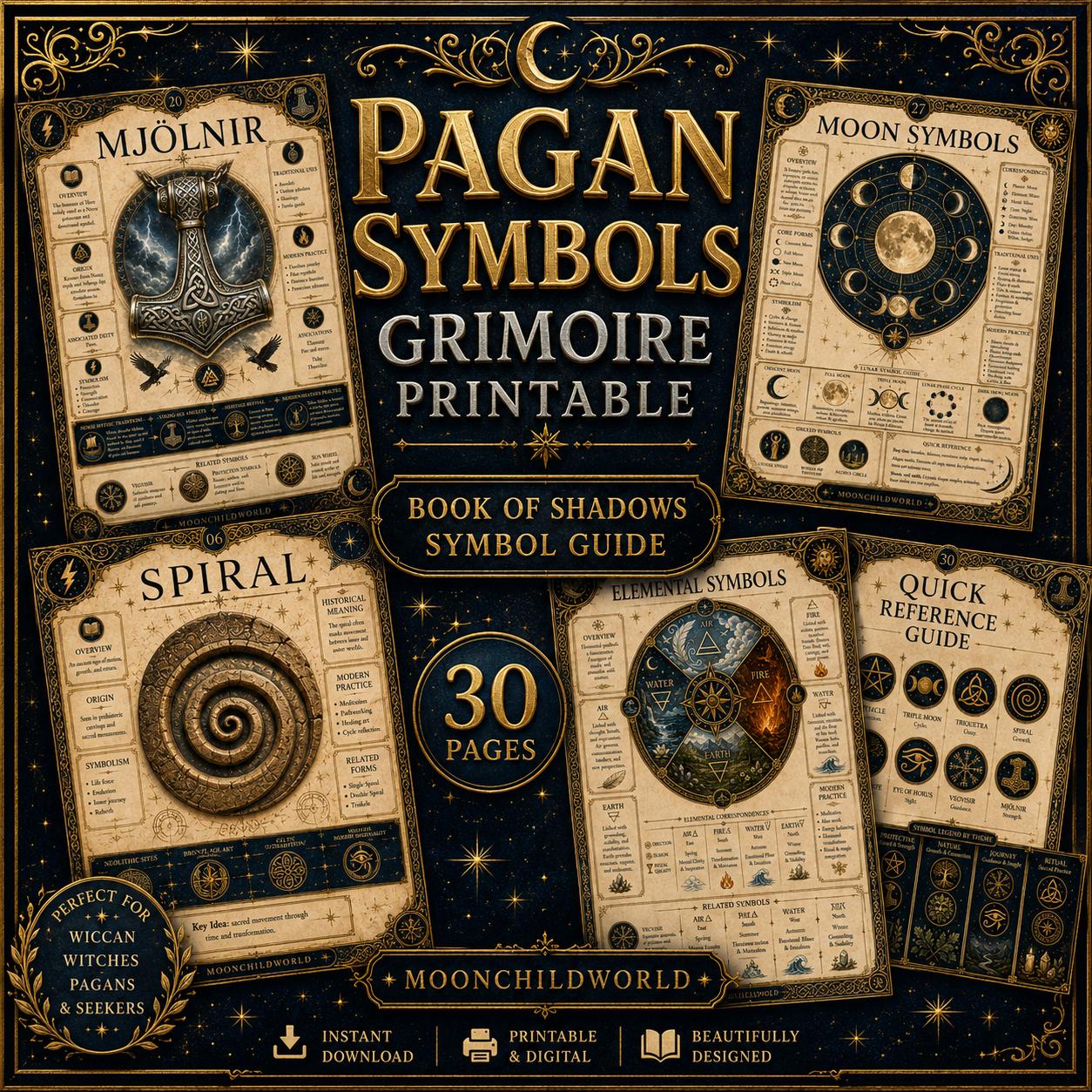 Printable grimoire pages featuring gold and black occult symbols, including Mjölnir, moon phases, and elemental charts.