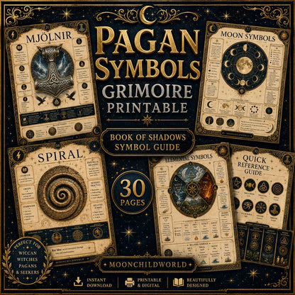 Printable grimoire pages featuring gold and black occult symbols, including Mjölnir, moon phases, and elemental charts.