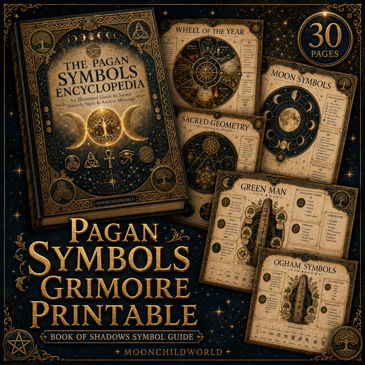 Pagan Symbols Encyclopedia printable grimoire pages with gold foil accents, intricate occult illustrations, and dark parchment background.