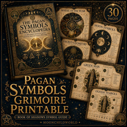 Pagan Symbols Encyclopedia printable grimoire pages with gold foil accents, intricate occult illustrations, and dark parchment background.