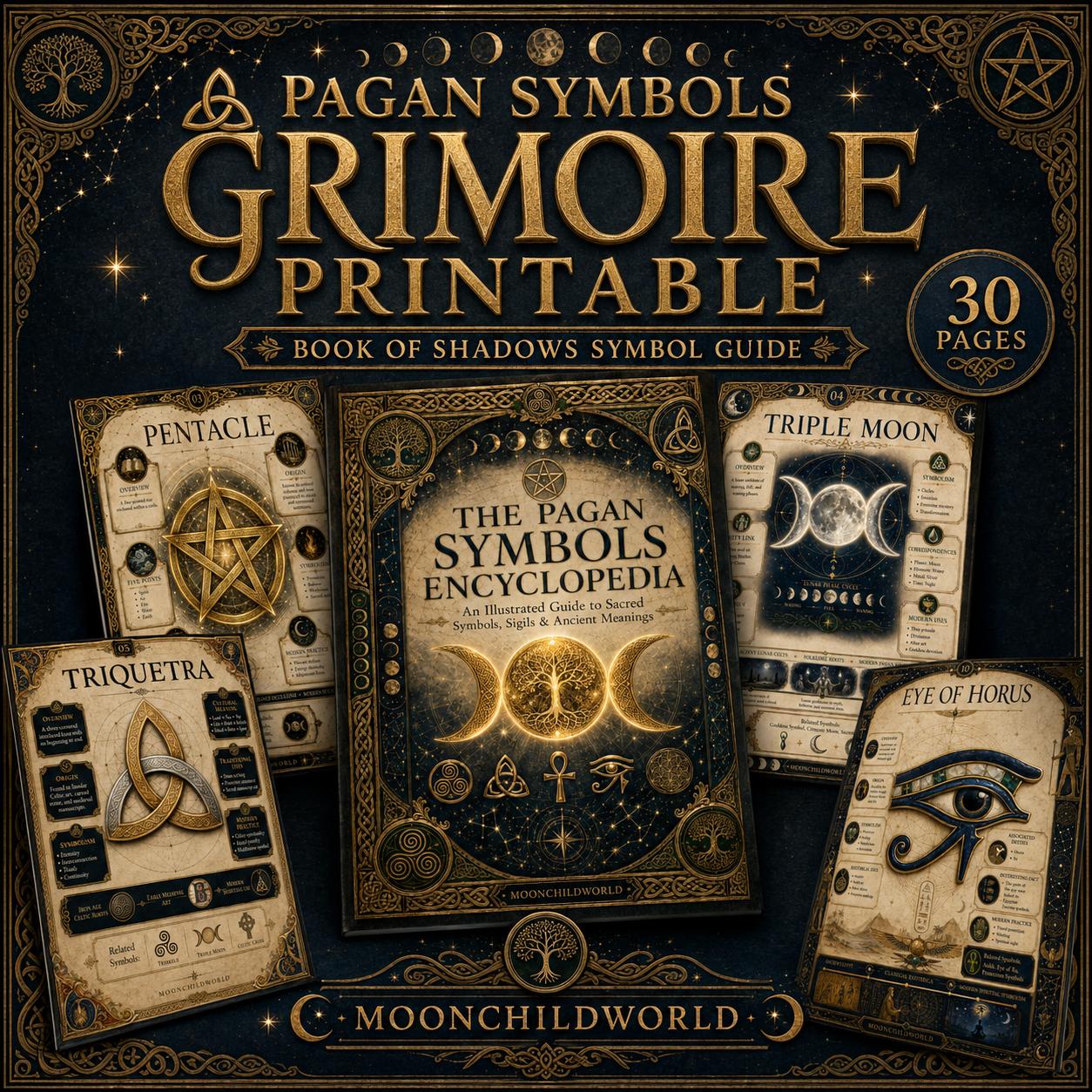 Pagan symbols grimoire pages featuring gold foil illustrations of the pentacle, triple moon, and Eye of Horus on dark parchment.