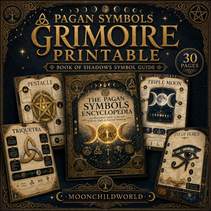 Pagan symbols grimoire pages featuring gold foil illustrations of the pentacle, triple moon, and Eye of Horus on dark parchment.