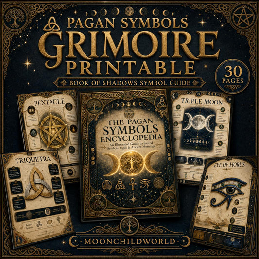 Pagan symbols grimoire pages featuring gold foil illustrations of the pentacle, triple moon, and Eye of Horus on dark parchment.