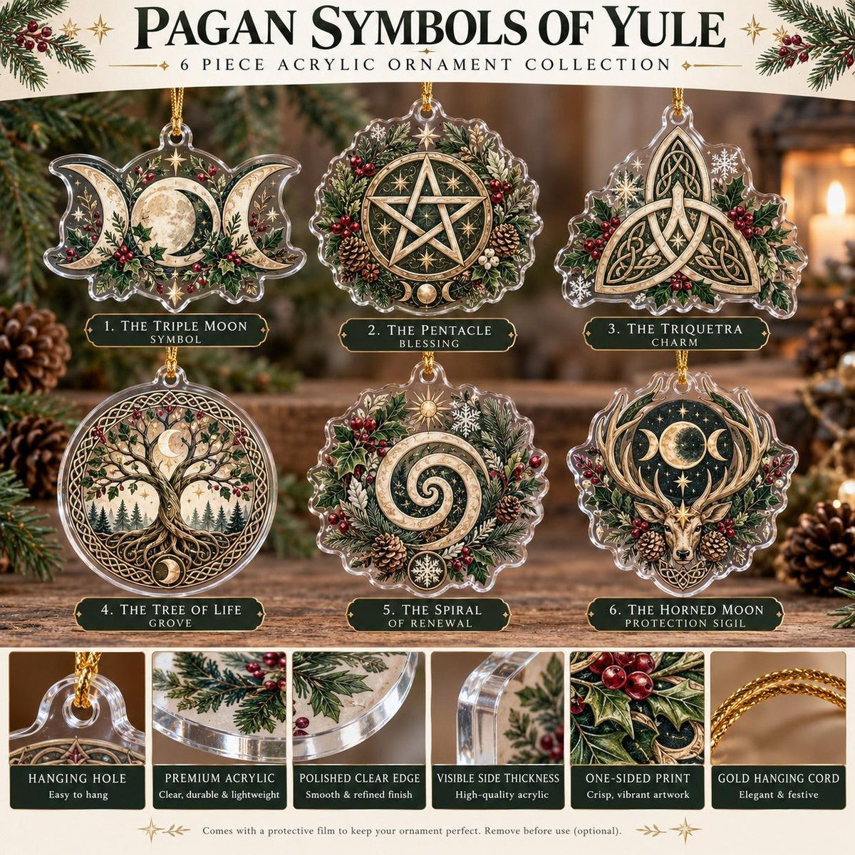 Pagan Symbols of Yule Acrylic Ornament Set – Wiccan Christmas Tree Decor-MoonChildWorld