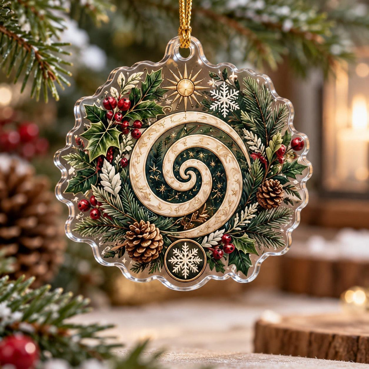 Pagan Symbols of Yule Acrylic Ornament Set – Wiccan Christmas Tree Decor – Spiral of Renewal ornament