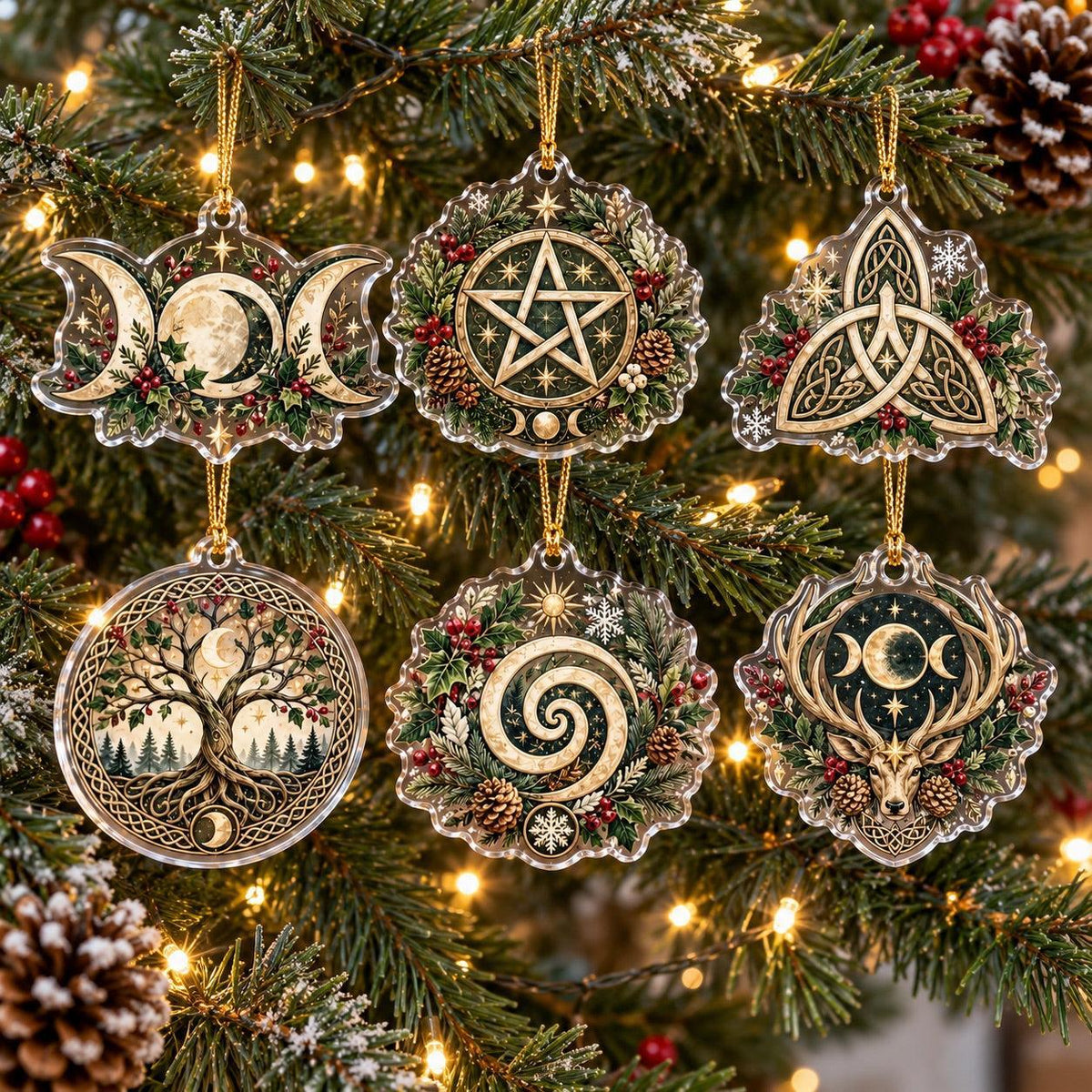 Pagan Symbols of Yule Acrylic Ornament Set – Wiccan Christmas Tree Decor – set of 6 acrylic ornaments