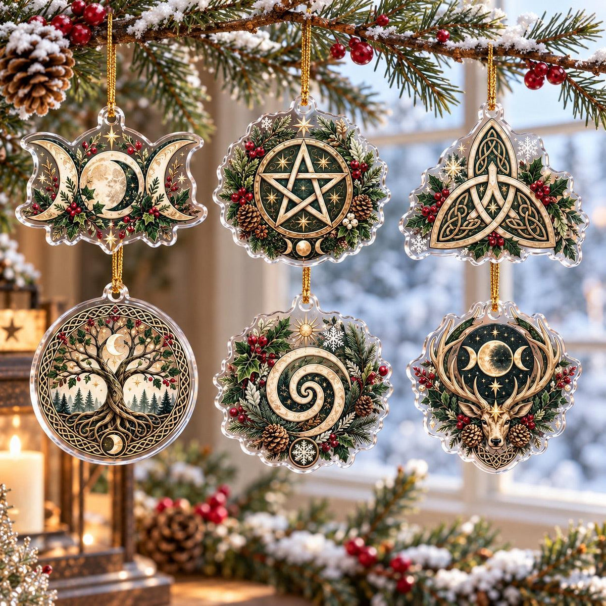 Pagan Symbols of Yule Acrylic Ornament Set – Wiccan Christmas Tree Decor – set of 6, another view