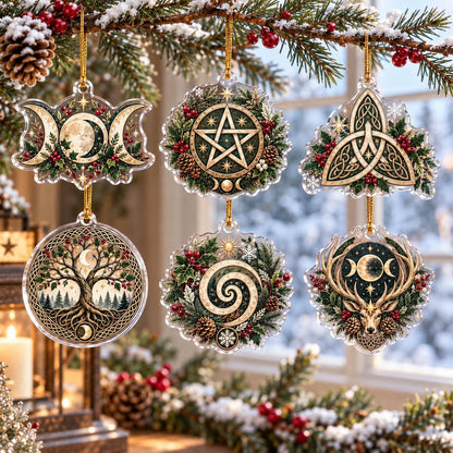 Pagan Symbols of Yule Acrylic Ornament Set – Wiccan Christmas Tree Decor – set of 6, another view