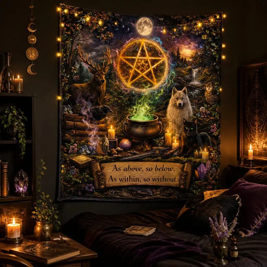Pagan Tapestry with Pentacle & Spirit Animals - Wiccan Altar Wall Hanging_mockup_1.webp