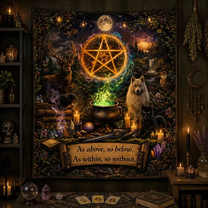 Pagan Tapestry with Pentacle & Spirit Animals - Wiccan Altar Wall Hanging_mockup_2.webp