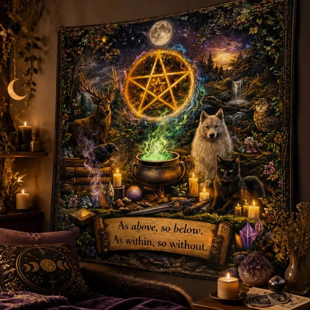 Pagan Tapestry with Pentacle & Spirit Animals - Wiccan Altar Wall Hanging_mockup_3.webp