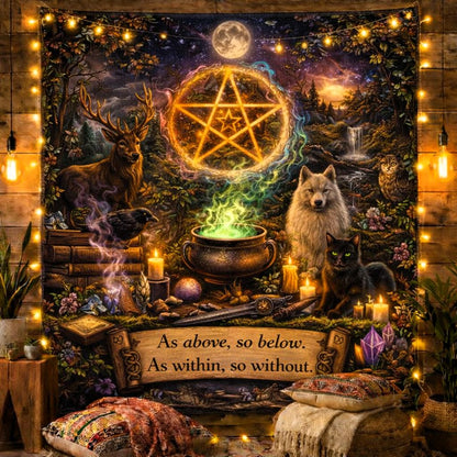 Mystical pagan tapestry with glowing pentacle, spirit animals, cauldron, and "As above, so below" text.