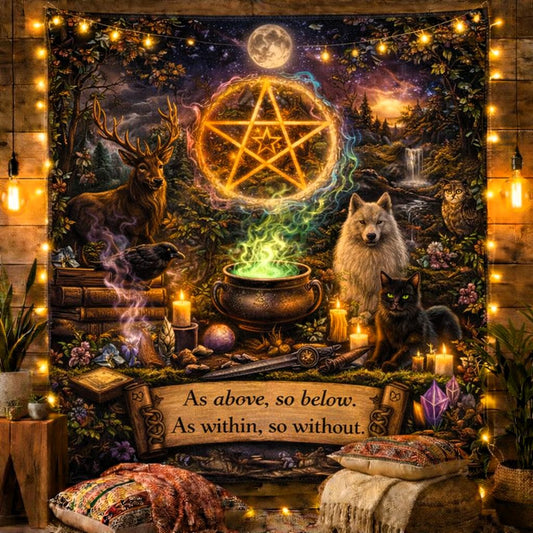Mystical pagan tapestry with glowing pentacle, spirit animals, cauldron, and "As above, so below" text.
