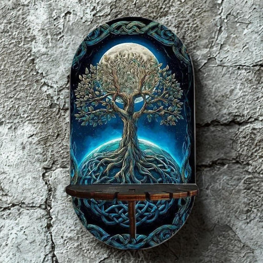 Pagan Tree Of Life Witchy Wall Shelf for Crystals & Candles – Wooden Floating Shelf Wicca Altar Decor-MoonChildWorld