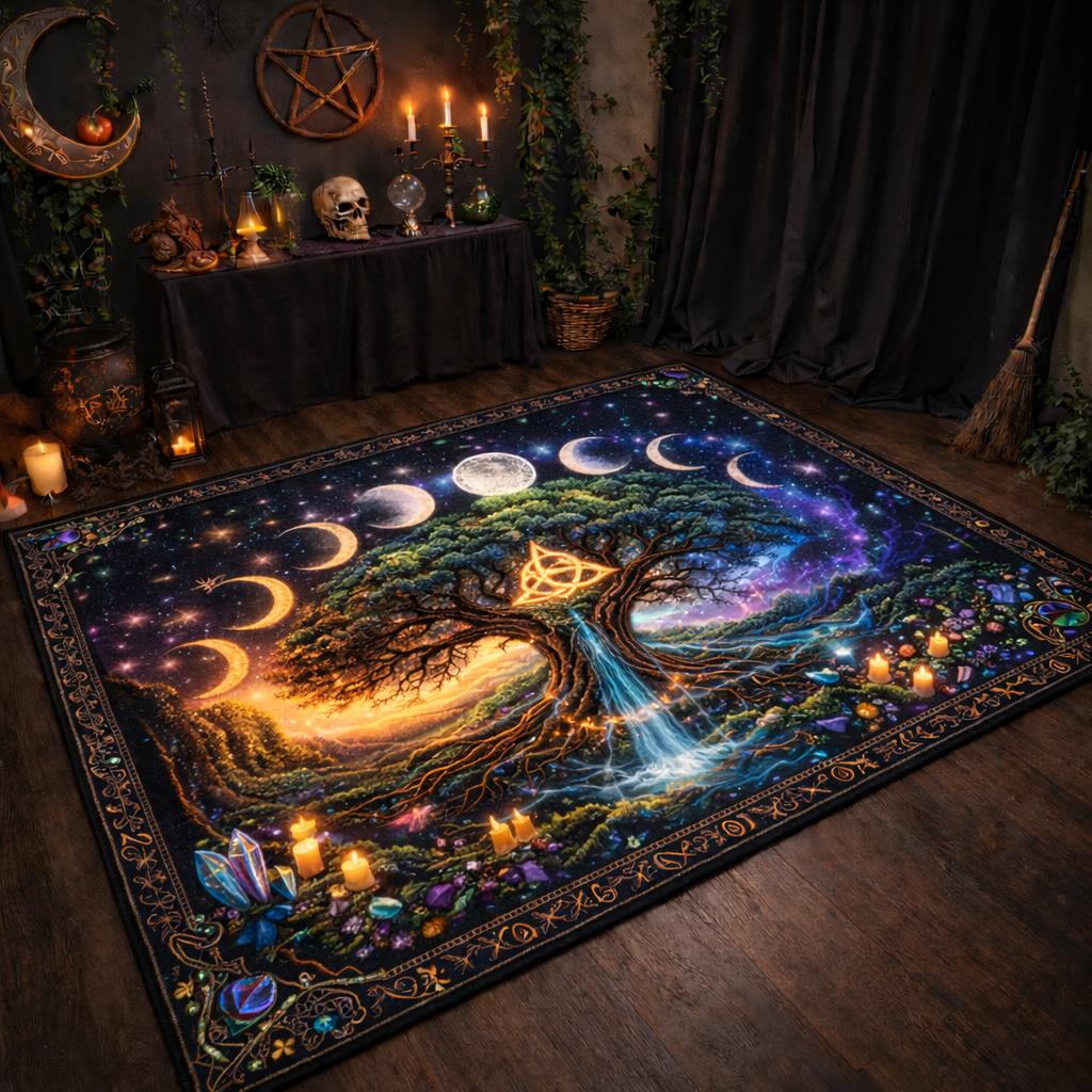 Pagan Tree of Life Area Rug with Moon Phases & Triquetra Spiritual Wicca Carpet-MoonChildWorld