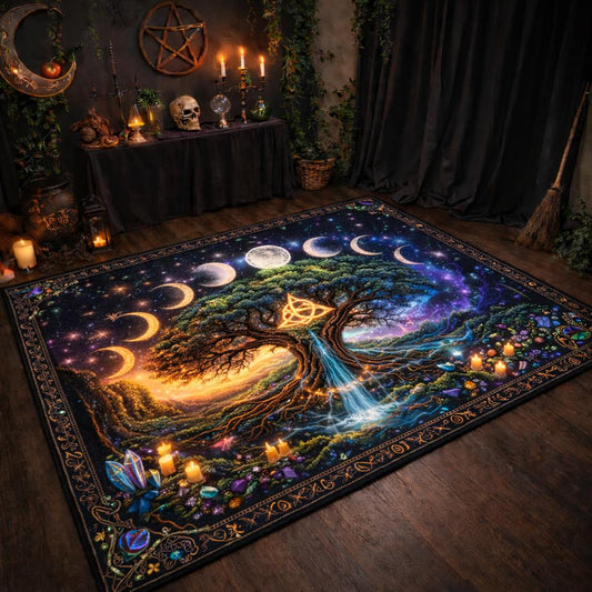 Pagan Tree of Life Area Rug with Moon Phases & Triquetra Spiritual Wicca Carpet-MoonChildWorld