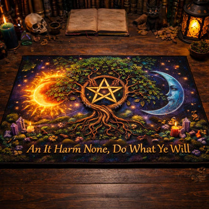 Pagan Tree of Life doormat with golden pentacle, sun, moon, and "An It Harm None, Do What Ye Will" text.