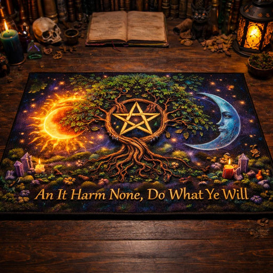 Pagan Tree of Life doormat with golden pentacle, sun, moon, and "An It Harm None, Do What Ye Will" text.