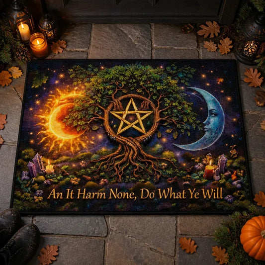Pagan Tree of Life Doormat with Pentacle, Sun & Moon – Spiritual Wicca Welcome Mat for Mystical Decor_mockup_3.webp
