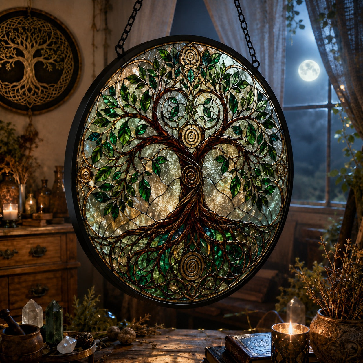 Pagan Tree of Life Glass Suncatcher - hanging view