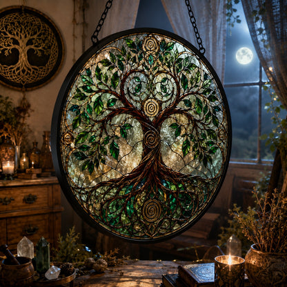 Pagan Tree of Life Glass Suncatcher - hanging view