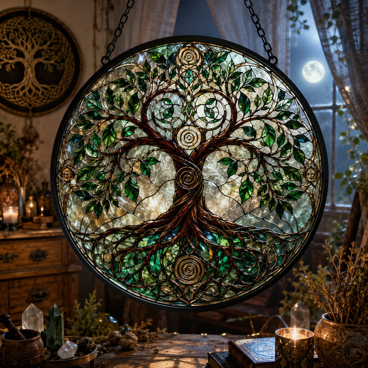 Pagan Tree of Life Glass Suncatcher - window display