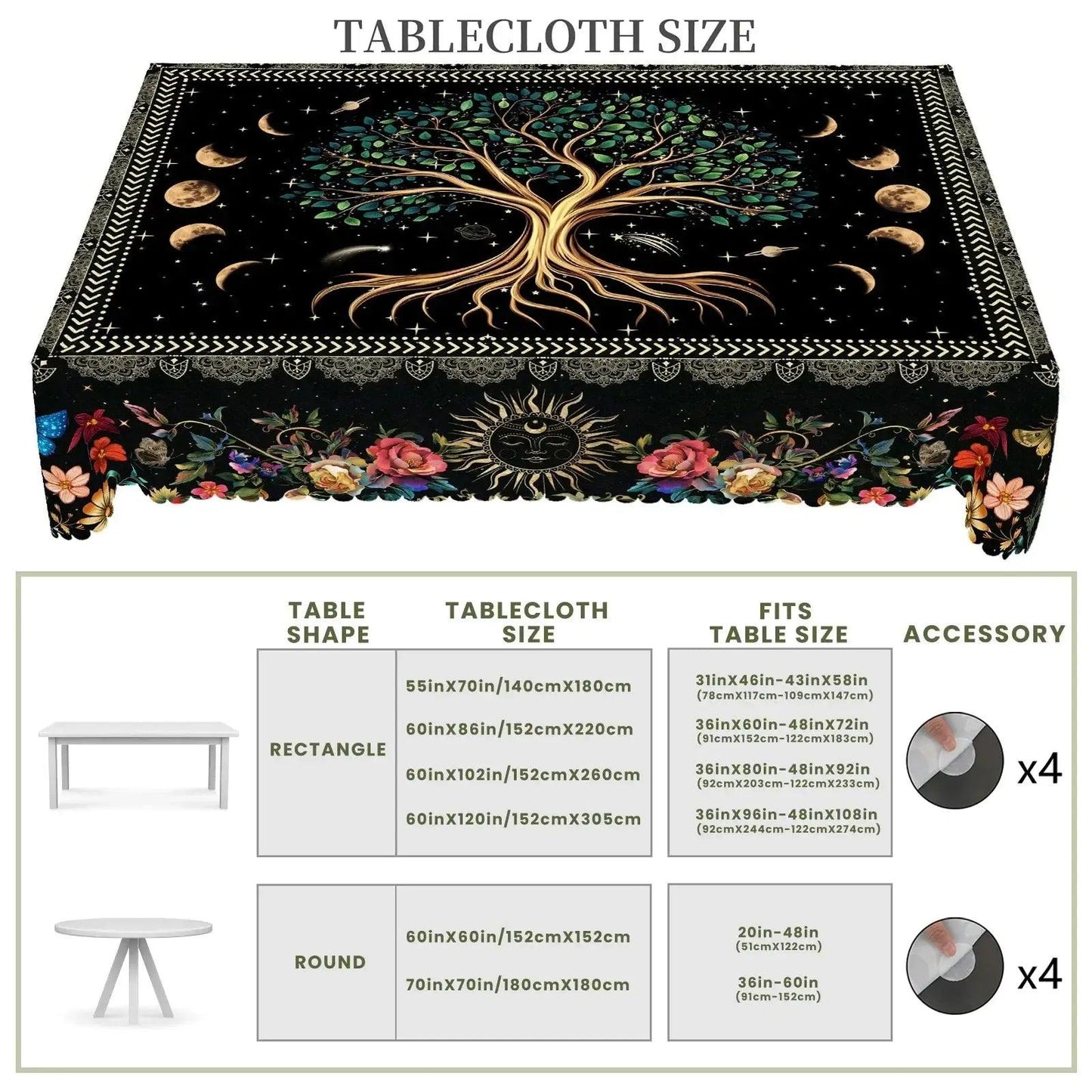 Pagan Tree of Life Moon Phases Tablecloth Wiccan Home Decor-MoonChildWorld