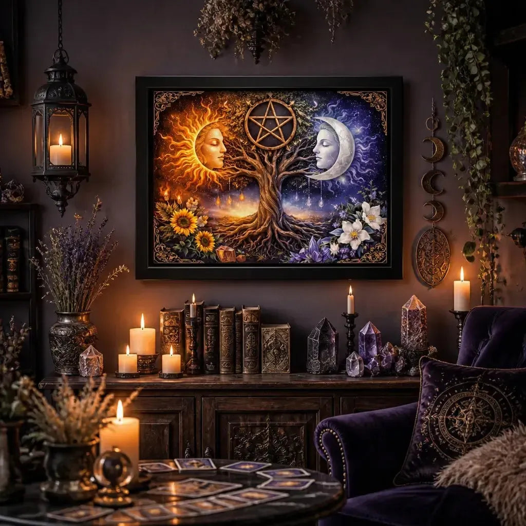 Pagan Tree of Life Wall Art with Sun Moon, Pentacle - Wicca Black Framed Canvas Print for Sacred & Mystical Home Decor_mockup_1.webp