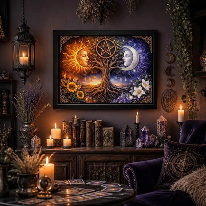 Pagan Tree of Life Wall Art with Sun Moon, Pentacle - Wicca Black Framed Canvas Print for Sacred & Mystical Home Decor_mockup_1.webp