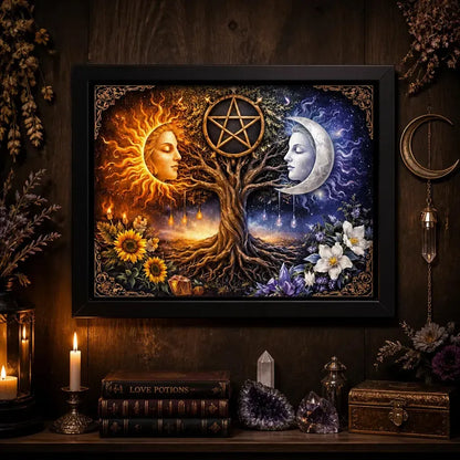 Pagan Tree of Life Wall Art with Sun Moon, Pentacle - Wicca Black Framed Canvas Print for Sacred & Mystical Home Decor_mockup_2.webp