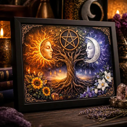 Pagan Tree of Life Wall Art with Sun Moon, Pentacle - Wicca Black Framed Canvas Print for Sacred & Mystical Home Decor_mockup_3.webp