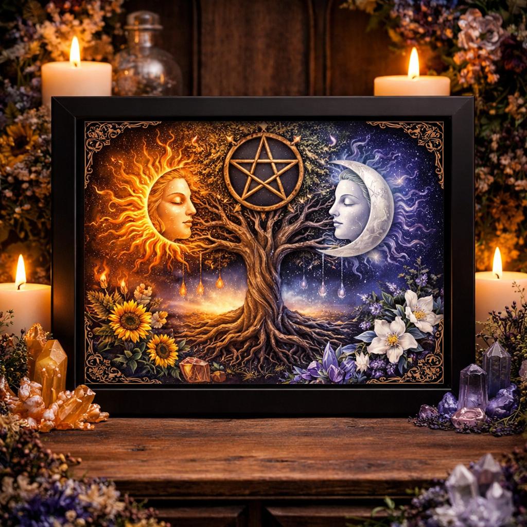Pagan Tree of Life Wall Art with Sun Moon, Pentacle - Wicca Black Framed Canvas Print for Sacred & Mystical Home Decor-MoonChildWorld