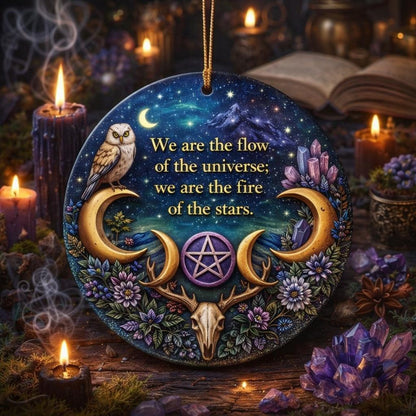 Ceramic Triple Moon Yule ornament with owl, antlers, pentacle, and "We are the flow..." quote.