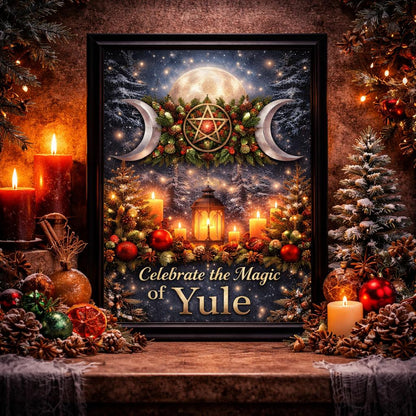 Pagan Triple Moon Black Framed Art Print - Wicca Canvas Wall Art for Yule Decor-MoonChildWorld