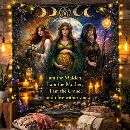 Pagan Triple Moon Goddess tapestry with Maiden, Mother, Crone figures, celestial background, and string lights.