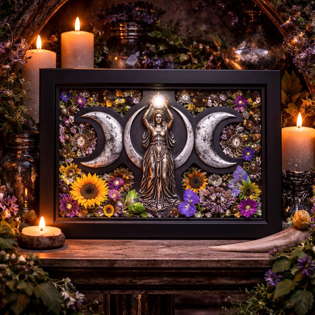 Pagan Triple Moon Goddess Wall Art - Black Framed Canvas Print for Wiccan Altar Decor-MoonChildWorld
