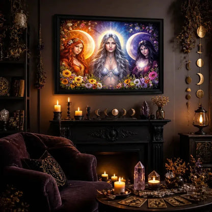 Pagan Triple Moon Goddess Wall Art - Black Framed Canvas Print for Wiccan & Witchy Decor_mockup_1.webp