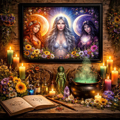Pagan Triple Moon Goddess Wall Art - Black Framed Canvas Print for Wiccan & Witchy Decor-MoonChildWorld