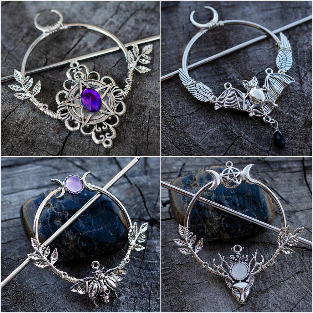 Pagan Triple Moon Pentacle Hairclip Witch Hair Jewelry-MoonChildWorld