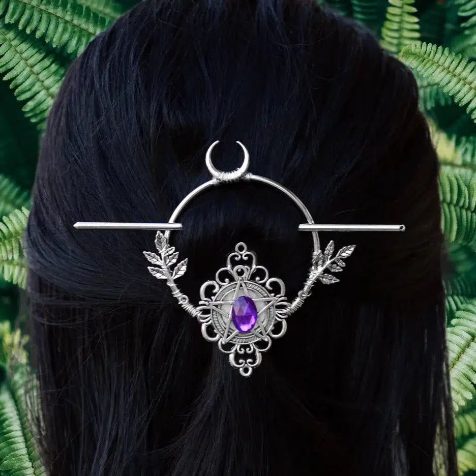 Pagan Triple Moon Pentacle Hairclip Witch Hair Jewelry-MoonChildWorld