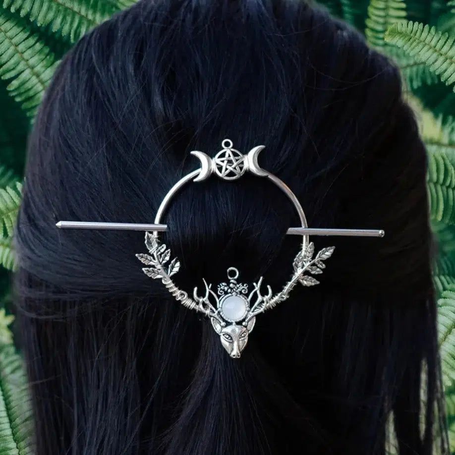 Pagan Triple Moon Pentacle Hairclip Witch Hair Jewelry-MoonChildWorld