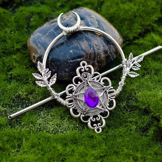 Pagan Triple Moon Pentacle Hairclip Witch Hair Jewelry