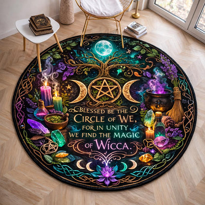 Black round Wicca rug with Triple Moon, Pentacle, Tree of Life, candles, and "Blessed Be The Circle of We" text.