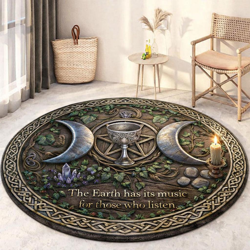 Round pagan rug with triple moon, pentacle, chalice, crystals, and "The Earth has its music" quote.