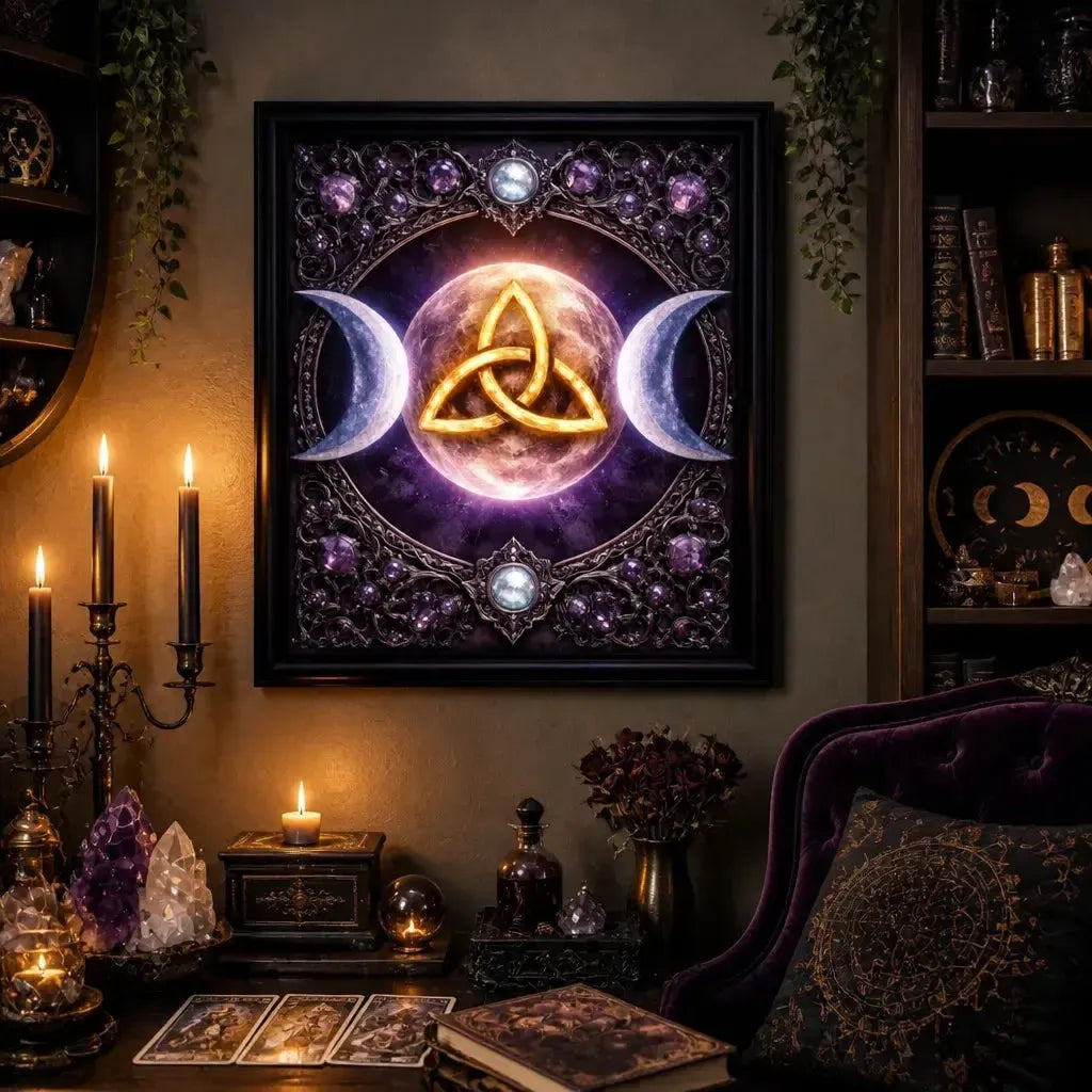 Pagan Triple Moon & Triquetra Black Framed Art Print - Wicca Canvas Wall Art for Sacred Decor_mockup_1.webp
