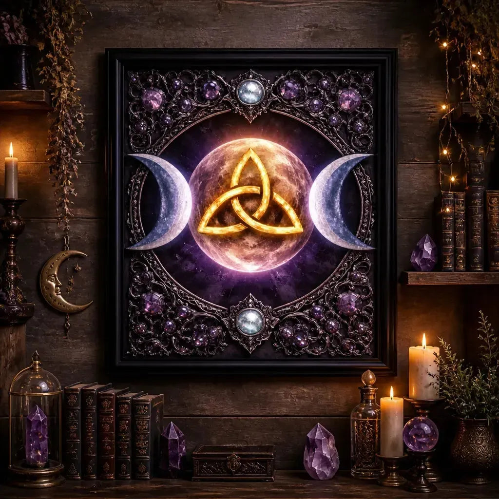Pagan Triple Moon & Triquetra Black Framed Art Print - Wicca Canvas Wall Art for Sacred Decor_mockup_2.webp