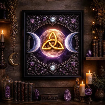 Pagan Triple Moon & Triquetra Black Framed Art Print - Wicca Canvas Wall Art for Sacred Decor_mockup_2.webp